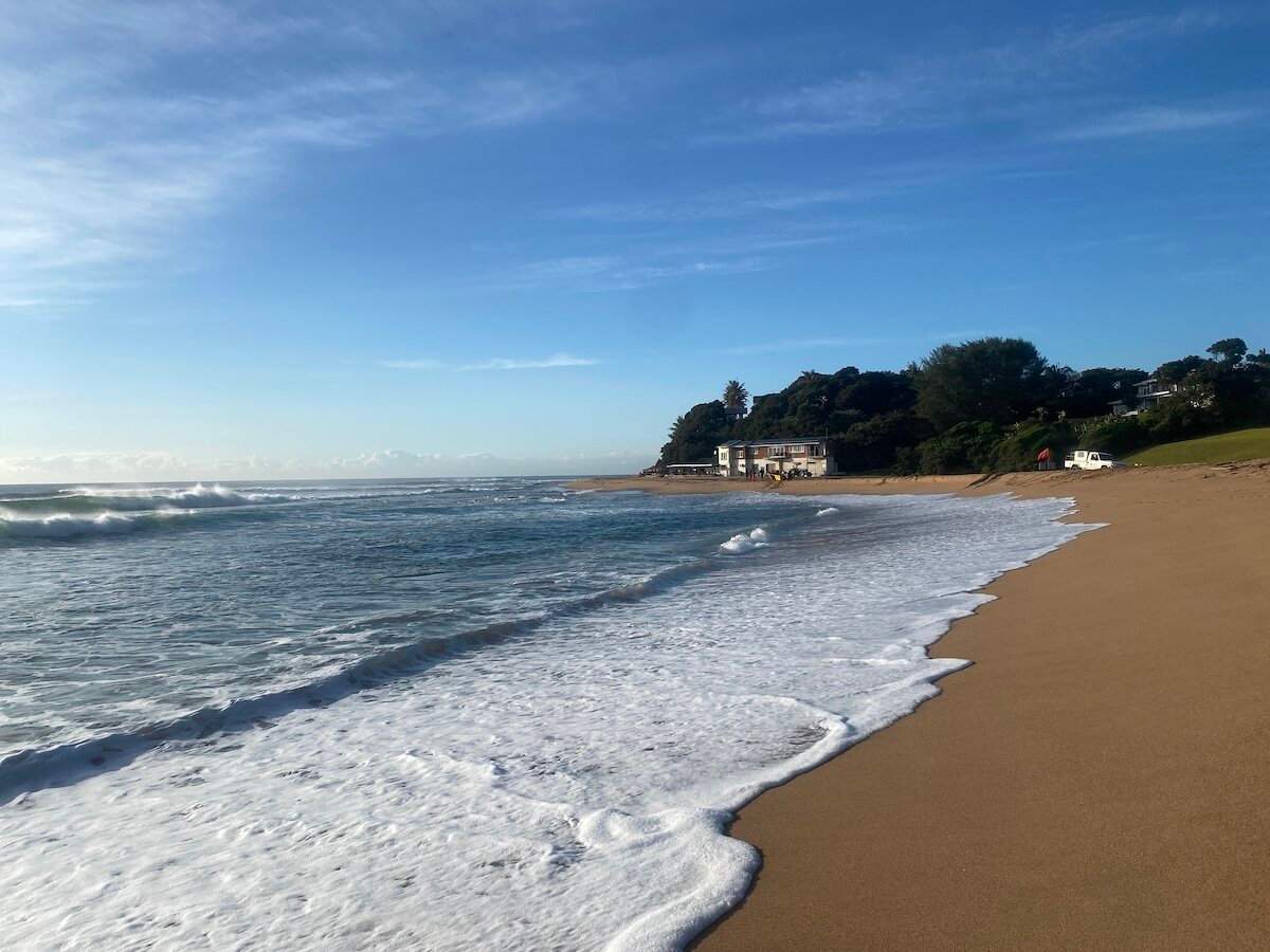 Blue sky over the ocean and a sandy beach lined with green foliage and buildings at Zinkwazi.